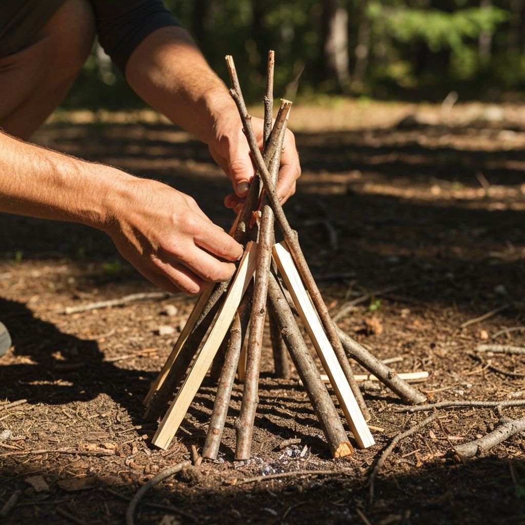 薪を組んで火をおこす様子