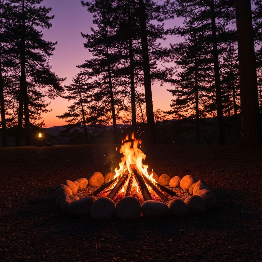 夕暮れの森の中で燃える焚き火